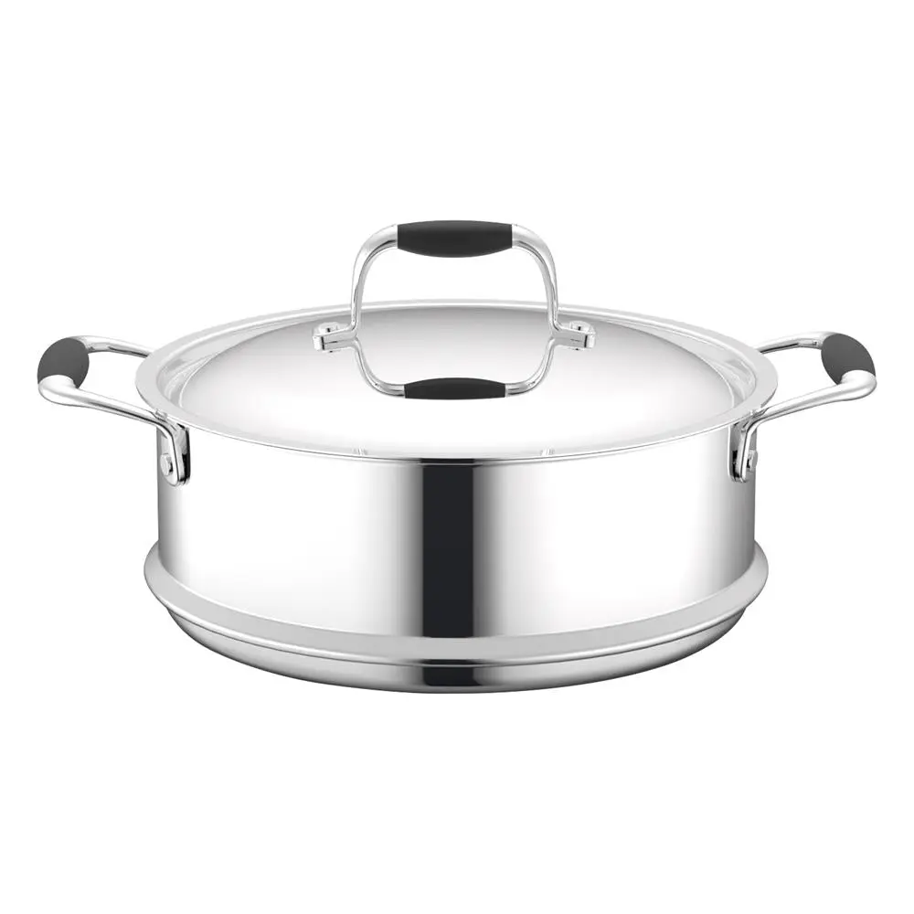 Clad Stainless Steel Steamer Insert with Lid - Food-Grade Cookware Steaming Basket, Silicone Handles, Aluminium Core, Thermal Efficiency, Easy-Clean Single Unit Solid Metal, Dishwasher & Oven Safe, Ideal for Vegetables, Seafood