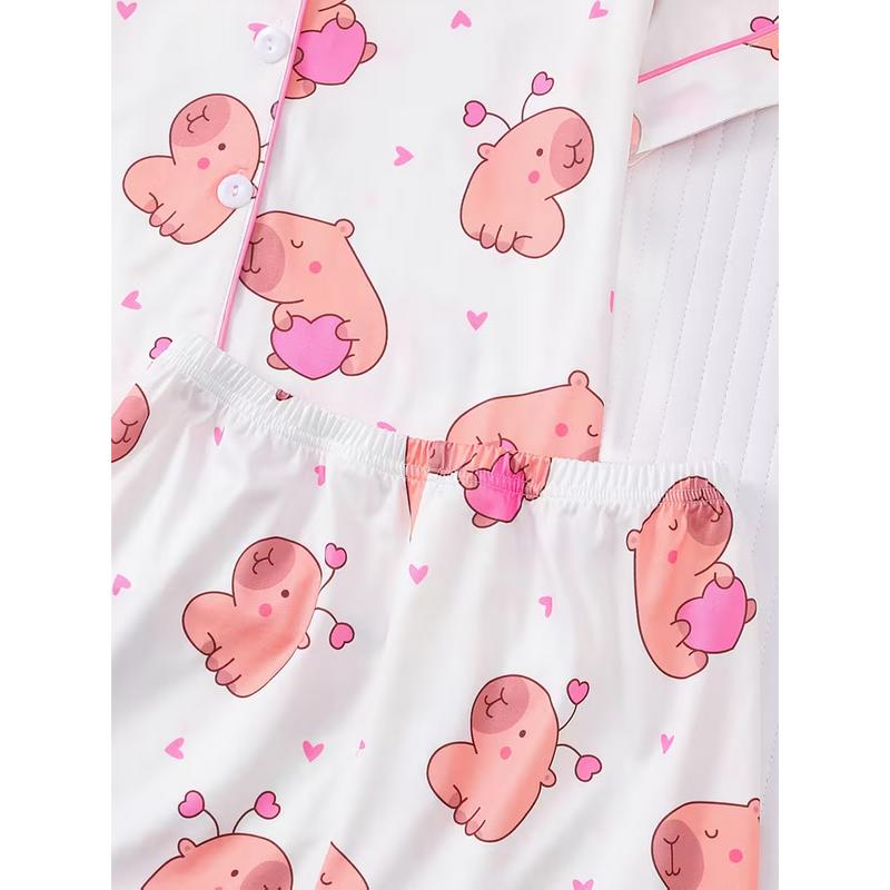 Cute Capybara With Heart Short Sleeve Pajama, Funny Animal Lover Sleepwear For Women, Kawaii Cartoon Lounge Set, Sweet Relaxing Gift | 060126.C03536.ID02