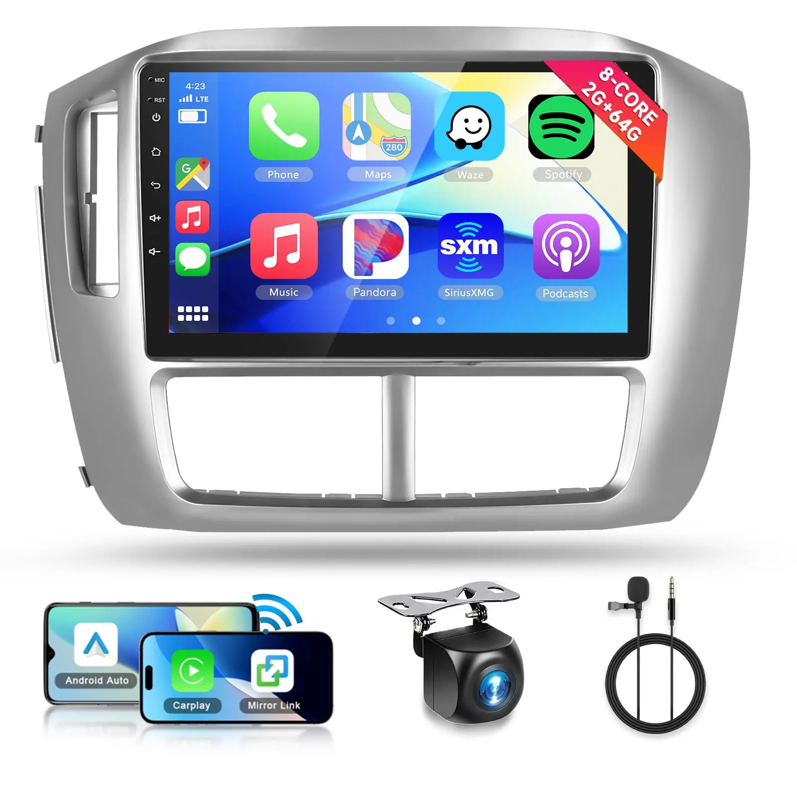 podofo 2+64G 9" Touch Screen Car Stereo for Honda Pilot 2006-2008, Wireless CarPlay, Android Auto, Android System, GPS, WiFi, EQ DSP Audio, Bluetooth, SWC, Backup Camera