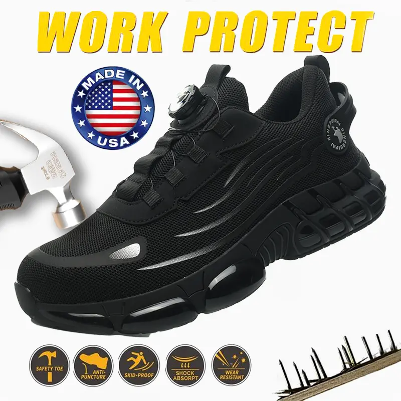 High Visibility Men's Breathable Mesh Work Sneakers Steel Toe Anti Slip Safety Durable Comfort Fit All Seasons Striped Reflective