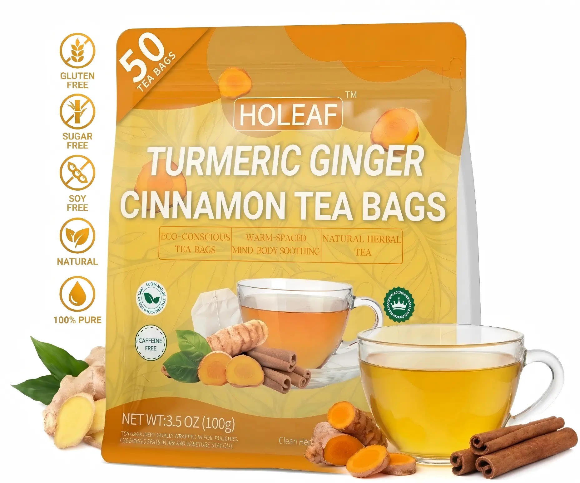 HoLeaf 7-Flavor Herbal Tea Variety Set - Cinnamon, Ginger, Chamomile, Turmeric, Dandelion Root Tea Bags, 100% Natural Handpicked Beverage, Sugar-Free, Caffeine-Free, No Additives, Eco-Friendly Packaging