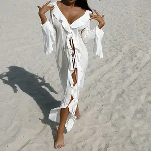 Women Boho Ruffled Trim Beach Cover‑Up Dress, Long Bell Sleeve Deep V‑Neck Front Tie Sheer Open Slit Flowy Maxi Kaftan for Vacationa