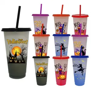 5pack/10pack 24oz Halloween Color Changing Cups with Lids and Straws, 710ml Plastic Tumblers Cup Bulk Trick or Treat Cups, Reusable Cup Bulk for Halloween Party Favors, Halloween Decorations Indoor Home, Ideal Gifts for Birthday Housewarming Christmas