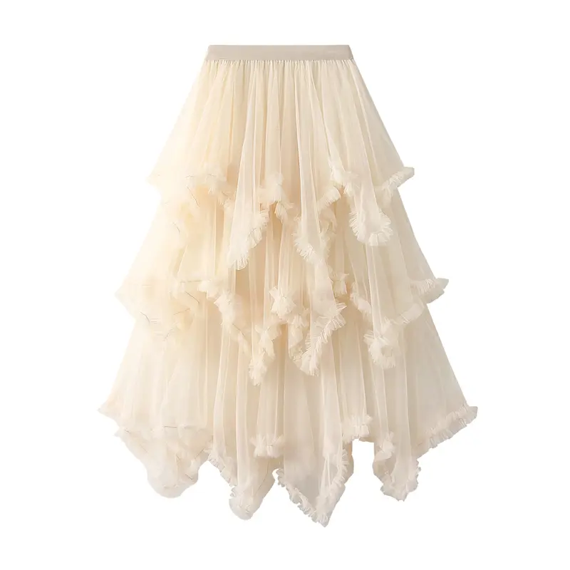 Women Layered Tulle Long Skirt, Fashion High Waist Solid Color Frill Trim Ruffle Midi Skirt