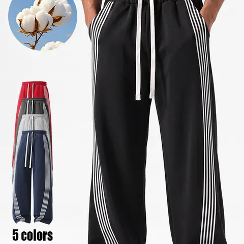 Men's American-style wide-leg sweatpants with vertical side stripes, elastic drawstring waistband, fluid drape, straight cut, floor-length