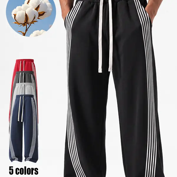 Men's American-style wide-leg sweatpants with vertical side stripes, elastic drawstring waistband, fluid drape, straight cut, floor-length