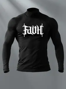 Men's FAITH Gothic Graphic Mock Neck Compression Shirt, Thermal Menswear, Long Sleeve Thermal Athletic Base Layer, Turtleneck Undershirt for Winter Fitness, Running & Daily Casual Wear, Knitted Shirt
