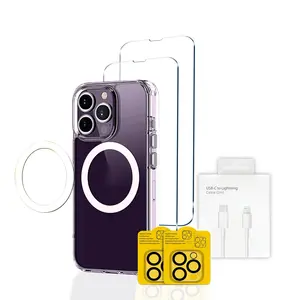 PONTIER iPhone 14 Pro Max Phone Case, [6 in 1] 1X Clear Case Magsafe [Not-Yellowing] + 2X TEMP Glass Screen Protector + 2X Camera Lens Protector, [Military Drop Protection] +1 Type C Lightning Cable