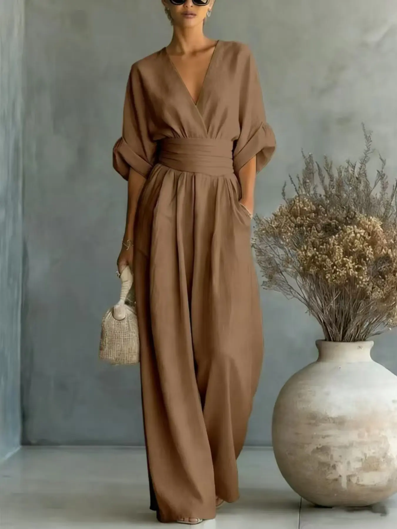 2026 Spring Summer Women's Jumpsuit, Elegant V Neck Waist Slim Fit, Casual Solid Color Fashion Romper, Ladies One Piece Pants