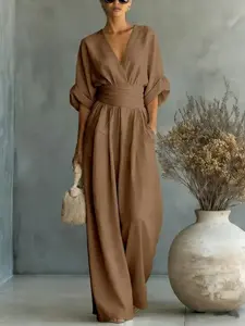 2026 Spring Summer Women's Jumpsuit, Elegant V Neck Waist Slim Fit, Casual Solid Color Fashion Romper, Ladies One Piece Pants