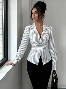A women's black and white fashionable striped waist cinched suit collar shirt, with a waist cinched to show the waistline, suitable for commuting to work, shopping, outdoor activities, indoor and outdoor dressing