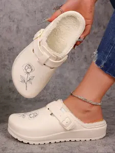 Women's Lightweight Eva Non-Slip Shoes, Adjustable Buckle Strap, Elegant Rose Pattern, Warm Fleece Lining, Durable Winter Shoes, Indoor Slipper