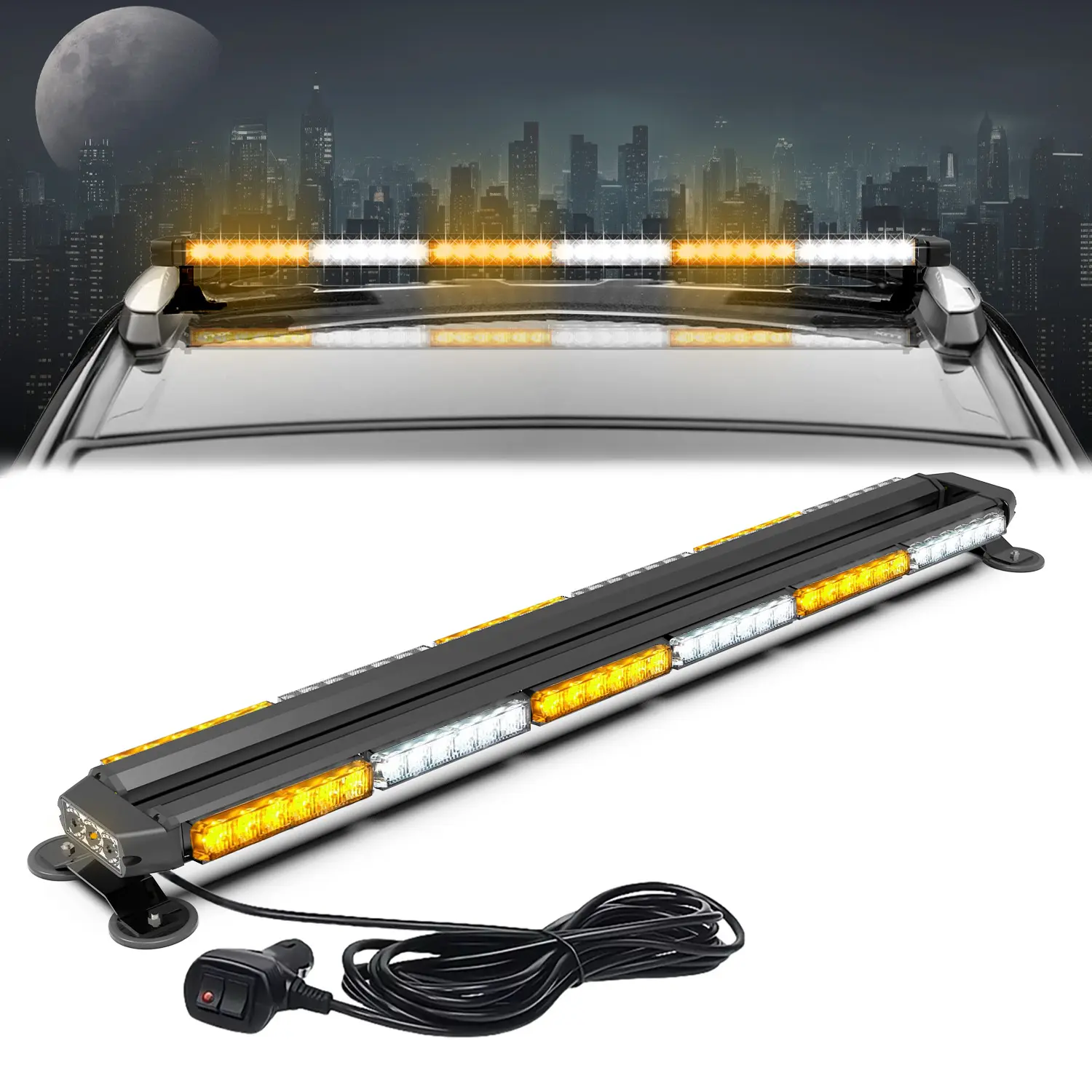 38-Inch Amber White Aluminum Alloy Steel Metal Roof Lightbar - Emergency Warning Strobe Light Module for Construction Trucks, No Battery Required