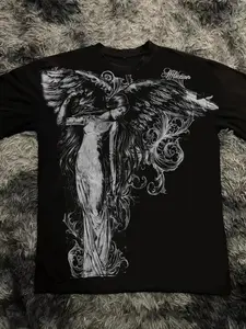 Affliction Dark Angel Print Short Sleeve T-Shirt, Casual Loose-Fitting H-Type Design, Graphic Pattern Long Clothing