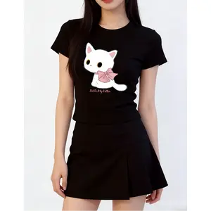 Hello My Kitten Cute Cat Graphic Tee, Y2K Kawaii Oversized T-Shirt for Cat Lovers, Aesthetic Pink Bow Kitty Top, Casual Harajuku Streetwear  y2k tops teen clothes