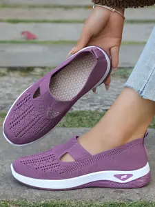 Women's Breathable Solid Sports Shoes, Soft Sole Non Slip Flat Lightweight Slip-On Walking Sneakers, Low Top Knitted Casual Footwear