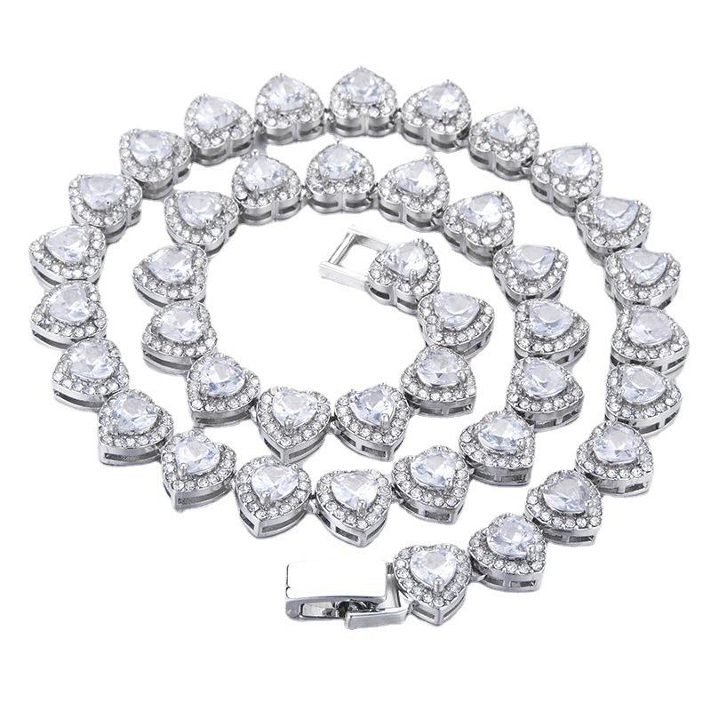 European and American New Heart-Shaped Zircon Rock Sugar Chain Punk HipHop Fashion Brand Full Diamond Cuban Chain Wholesale Foreign Trade Exclusive