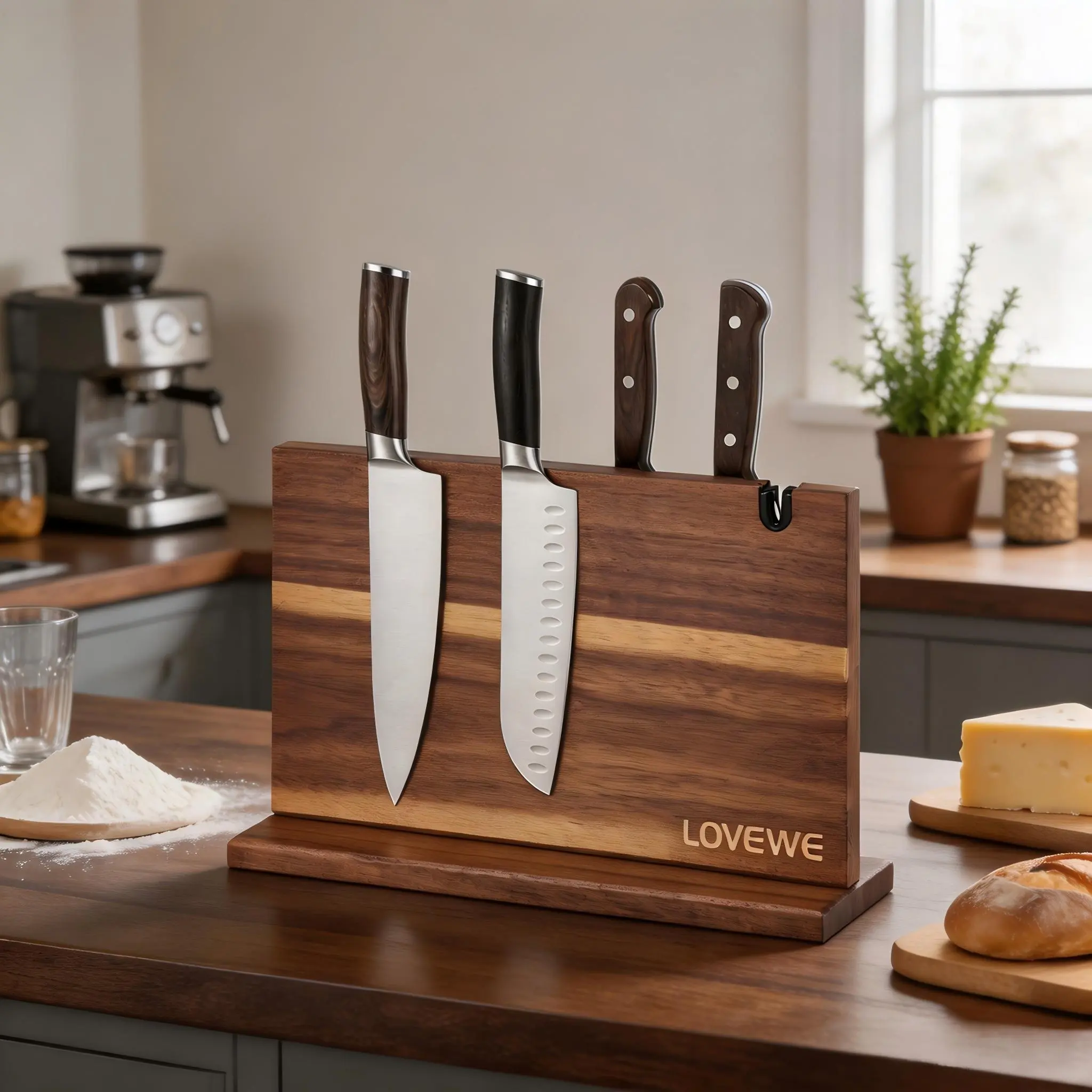 LOVEWE Wooden Magnetic Knife Holder 15x9" – Double-Sided Knife Holder with Strong Magnet & Built-In Sharpener – Space-Saving Magnetic Knife Block Gift for Home Kitchens & Cooking Lovers