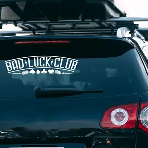 1PC  Trendy “BAD LUCK CLUB” Car Sticker | For Car Rear Windows, Bodies, Poker Element Slogan Decor, Turn Your Ride into Niche Cool Vibe, Bring Unique Trendy Presence to Trips