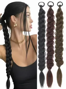 Long Hair Ponytail Braids Twist Braids Rubber Ring Ponytail Reddish Brown Ponytail Synthetic Hair Suitable for Women's Daily Wear and Role Playing Synthetic Hairpieces Ponytail Extension Synthetic Braiding Hair