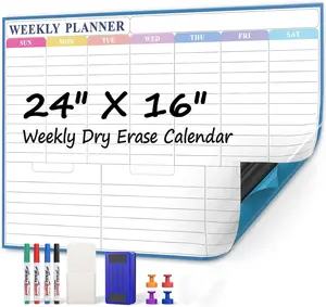 MaxGear Wall Mount 24x16 in Weekly Dry Erase Calendar Set - Self-Adhesive Magnetic White Board with 4 Dry Erase Markers, 1 Eraser, 4 Magnets, 1 Marker Holder for Office, Home