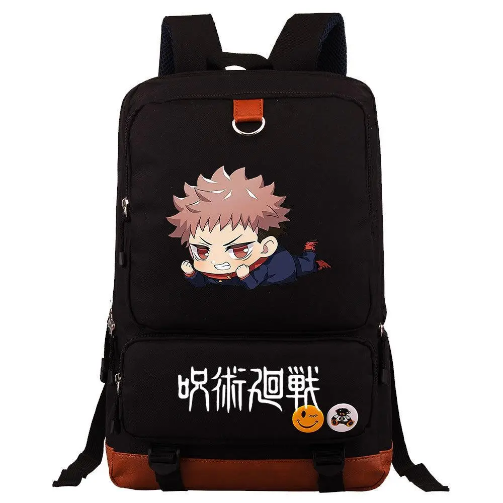 Jujutsu Kaisen Yuji Itadori Anime Print Backpack PU Trim Black Nylon Large Capacity Unisex Student Laptop Daypack