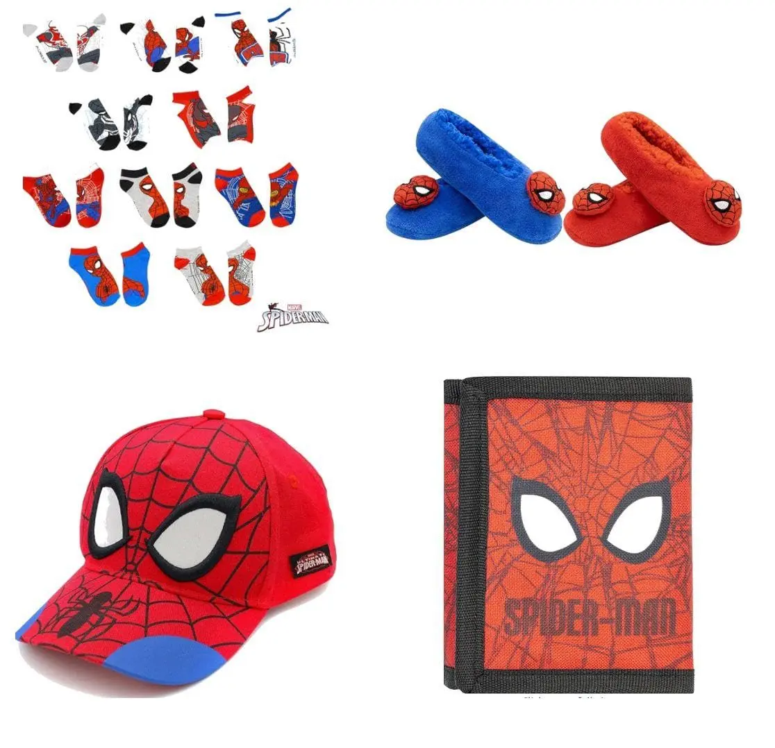 Marvel Spider-Man 4-Piece Ultimate Hero Gift Set – Includes Character Baseball Cap, 10-Pack of Socks, Tri-Fold Wallet, and Plush Slippers – Spider-Man Starter Pack for Boys Sizes 4-9