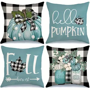 4pcs, Fall Hello Pumpkin Throw Pillow Covers, Buffalo Plaid Autumn Decorative Farmhouse Holiday Cushion Cases for Home Decoration, Single-sided Printing, Without Pillow Core