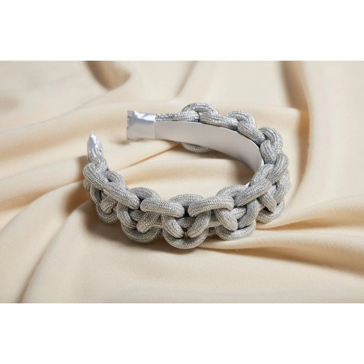 Silver Braided Headband with Metallic Chain Link Design