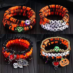Bracelet Set Rice Beads Orange Pumpkin Skull Pendant Halloween Beaded Bracelet Stackable Halloween Charm Bracelets