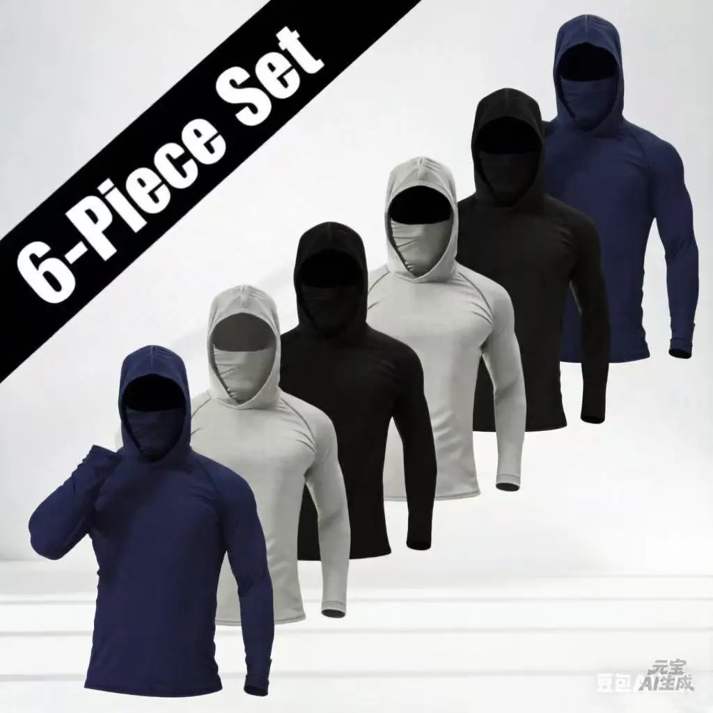 Men's 2026 Quick-Dry Long-Sleeve Hoodie - 6pcs Casual Hoodie, Fitted-Cut Breathable Workout Tops with Face Mask, Sun-Protective Activewear for Fishing, Outdoor Sports, Longsleeves Hoodie