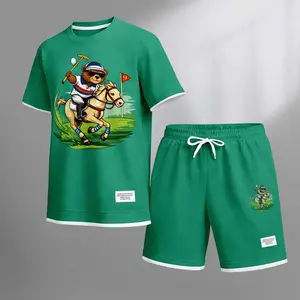 Men's Fun Horse-Riding Bear Print Drawstring Shorts Set For Spring/Summer. A Casual Summer Outfit, Including A Short-Sleeved Shirt And Shorts, Suitable For Everyday Wear And Sports. A Two-Piece Set For A Relaxed And Energetic Lifestyle.