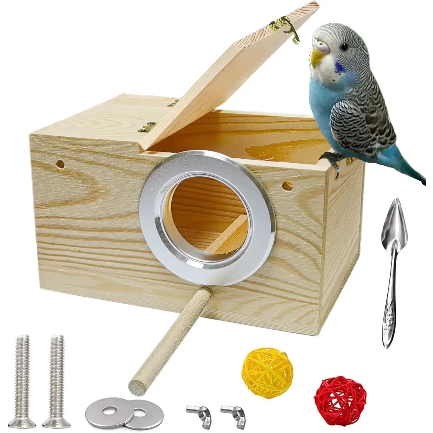 Bird Nest, Parakeet Nest Box, Bird Breeding Box with Perch, Wood Budgie Nest Box for Bird, Parrot, Lovebirds, Parrotlet, Finch, Sparrow 7.8” x 4.7” x 4.7”