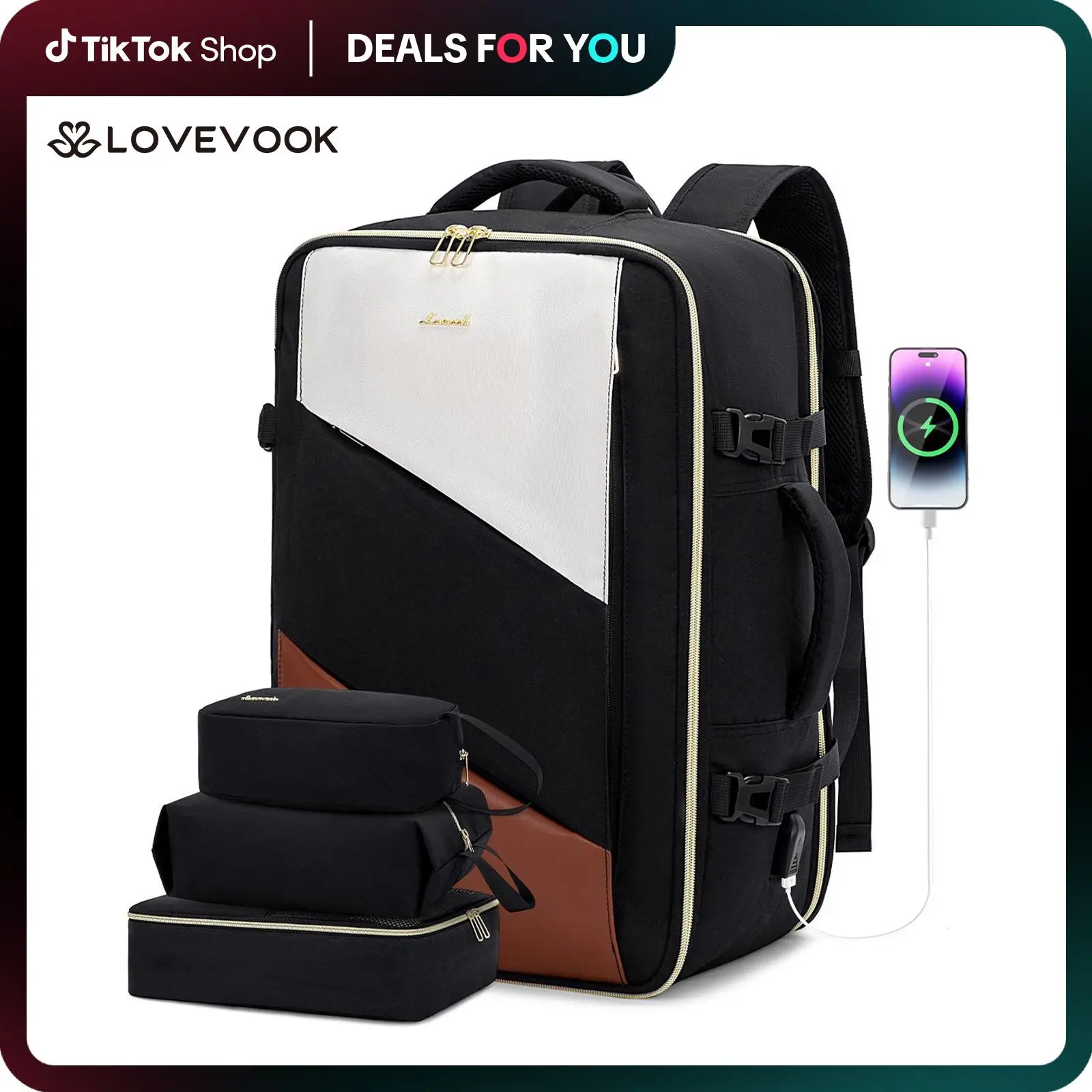 LOVEVOOK Large Capacity Carry-On Travel Backpack with Laptop Compartment, Spring Glow Up 3 Packing Cubes, and Waterproof Toiletry Bag - Airline Approved Travel Bag for Hiking, Overnight, and Weekender Trips