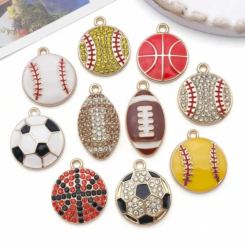 5/10 sports-themed enamel pendants, suitable for jewelry making and pet necklaces, including basketball, baseball, rhinestone balls, softball, etc., can be used to make necklaces, bracelets, earrings, and other DIY crafts