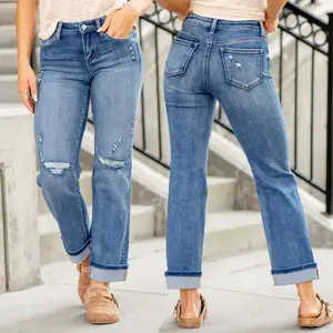 Women's elastic button front torn jeans, rolled up cuffs, stylish and comfortable all year round, multifunctional denim, fashionable and multifunctional women's bottomsRAIMENTRY