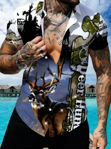 Deer Hunting Theme Short Sleeve Shirt, Men's Outdoor Casual Printed Top, Summer Breathable Quick Dry Shirt