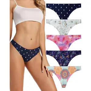 Seamless Women Underwear Thongs,No Show Ladies Thong,No Line Workout Breathable Comfortable Panties,Soft Undies,5-Pack