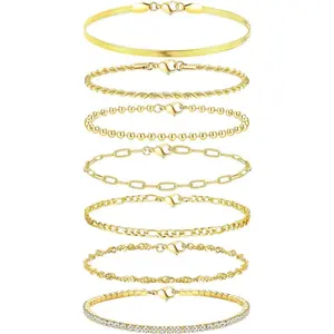 Milacolato 7Pcs Women's Chain Bracelets Set Gold/Silver Stackable Bracelets,Figaro/Herringbone/Twist Chains,Adjustable Charm Bracelets with CZ Links