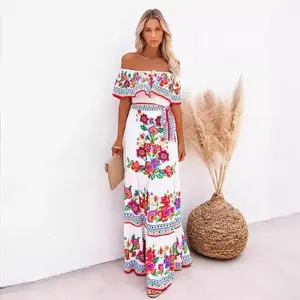 2025 Spring/Summer New Off-Shoulder Red Floral Print Long Swing Dress