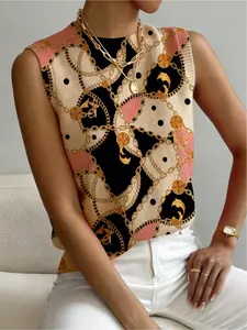 Women's Irregular Geometric Patchwork Polka Dot Print Stand Collar Fitted Sweater Vests, Casual Sleeveless Knit Top for Fall Winter Womenswear