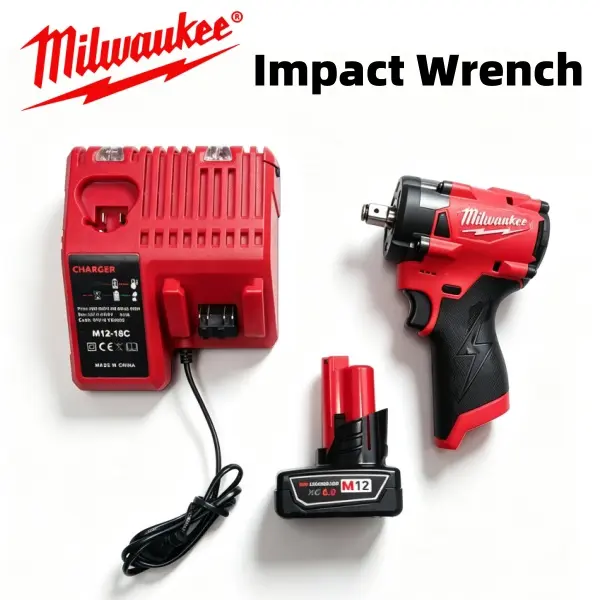 Milwaukee M12 1/2 in Cordless Impact Wrench Tool Kit - 220 N.m Max Torque, 0-2400Rpm No-Load Speed, Shock-Resistant Casing, Non-Slip Handle, Multiple Battery-Charger Combination Options for Home Renovation, Light Construction Bolt Tasks