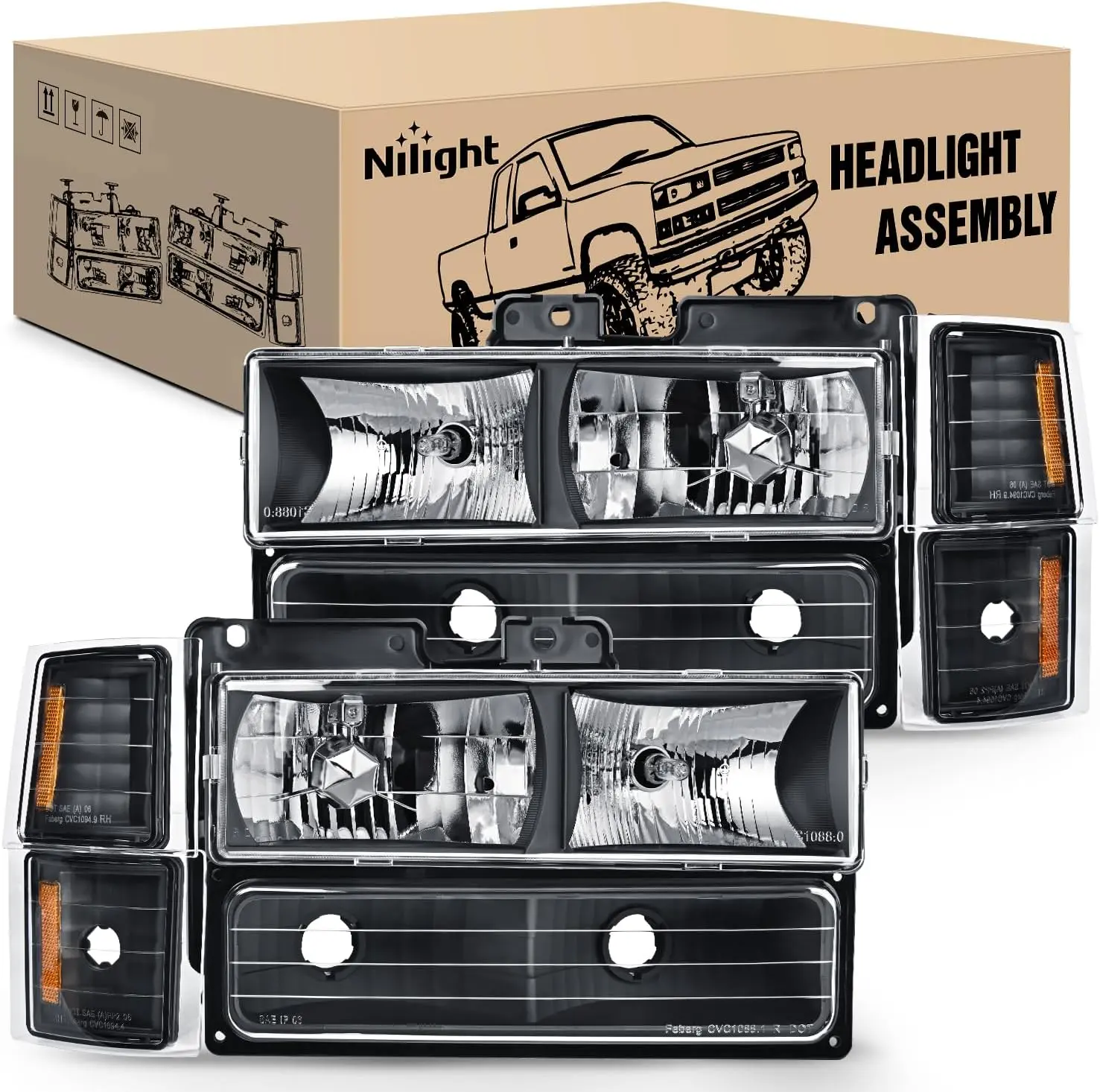 Nilight Headlight Assembly for 1994 1995 1996 1997 1998 Chevy Silverado Tahoe Suburban C10 C/K 1500 2500 3500 Replacement Headlamp Black Housing Amber Reflector Bumper Corner Lamp auto led light Truck v8 raptor driver side