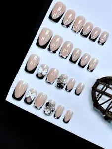 24Pcs Set French Style Black & White Tie Dye Polka Dot Press-On Nails, Reusable, With Bowknot, Star Rhinestones, Cute & Chic, Suitable For Dates, Spring, New Year, Christmas, Daily, Birthday, Festival, Spring/Summer New Arrival Nail Supplies Nails