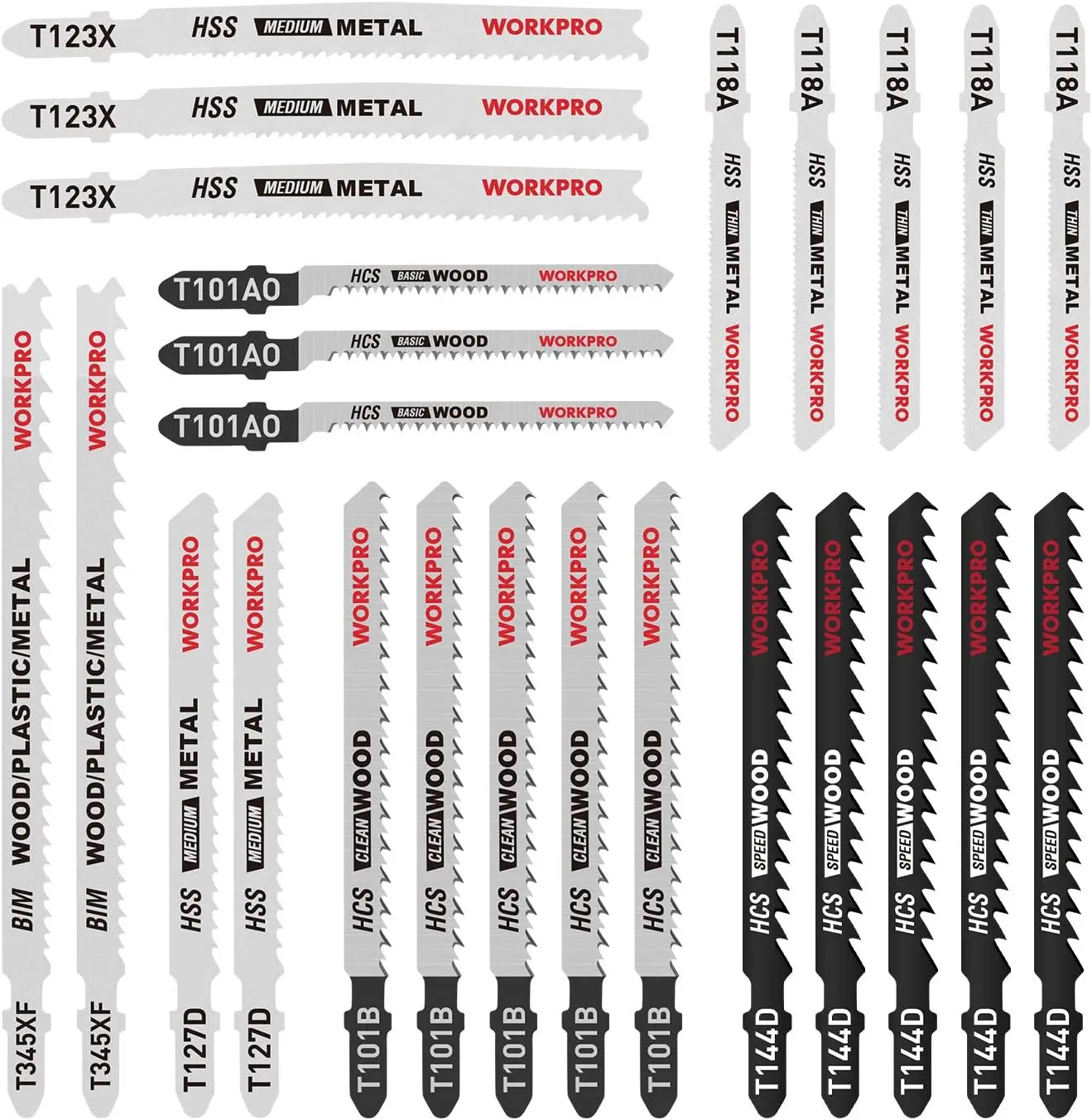 #summersale WORKPRO 25-Piece T-Shank Jig Saw Blade Set with Storage Case, Made with HCS/HSS/BIM, Assorted Blades for Wood, Plastic and Metal Cutting