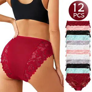 2026 New 12-Pack Women’s Low-Rise Lace Panties, Elastic Waistband, Exquisite Hollow-Out Lace Trim, Skin-Friendly, Breathable, Comfortable, Minimalist Style, High-Stretch Butt-Lifting Design, Elegant and Fashionable Women’s Underwear for Everyday Wear