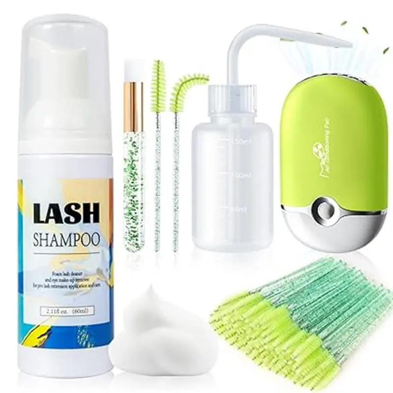Lash Shampoo 60ml - Gentle Foam Eyelash Extension Cleanser with USB Lash Fan Dryer, Mascara Brush & Mini Lash Fan Rinse Bottle for Home Use