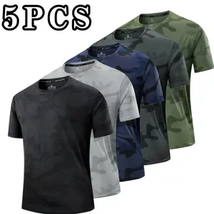 5-pack camouflage quick-dry T-shirts, outdoor casual style, skin-friendly breathable fabric, subtle camouflage pattern, slim fit without restriction, men’s wear for hiking, running, and everyday outfits