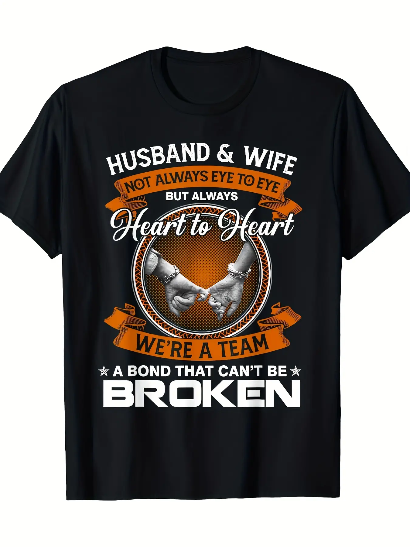 Funny Marriage Couples Gift T-Shirt - "Not Always Eye to Eye But Heart to Heart" Husband Wife Relationship Design - Heavyweight 220gsm Cotton Tee for Couples, Anniversary, Wedding - Black Shirt with Orange Text - All-Season Casual & Sports Apparel for Men