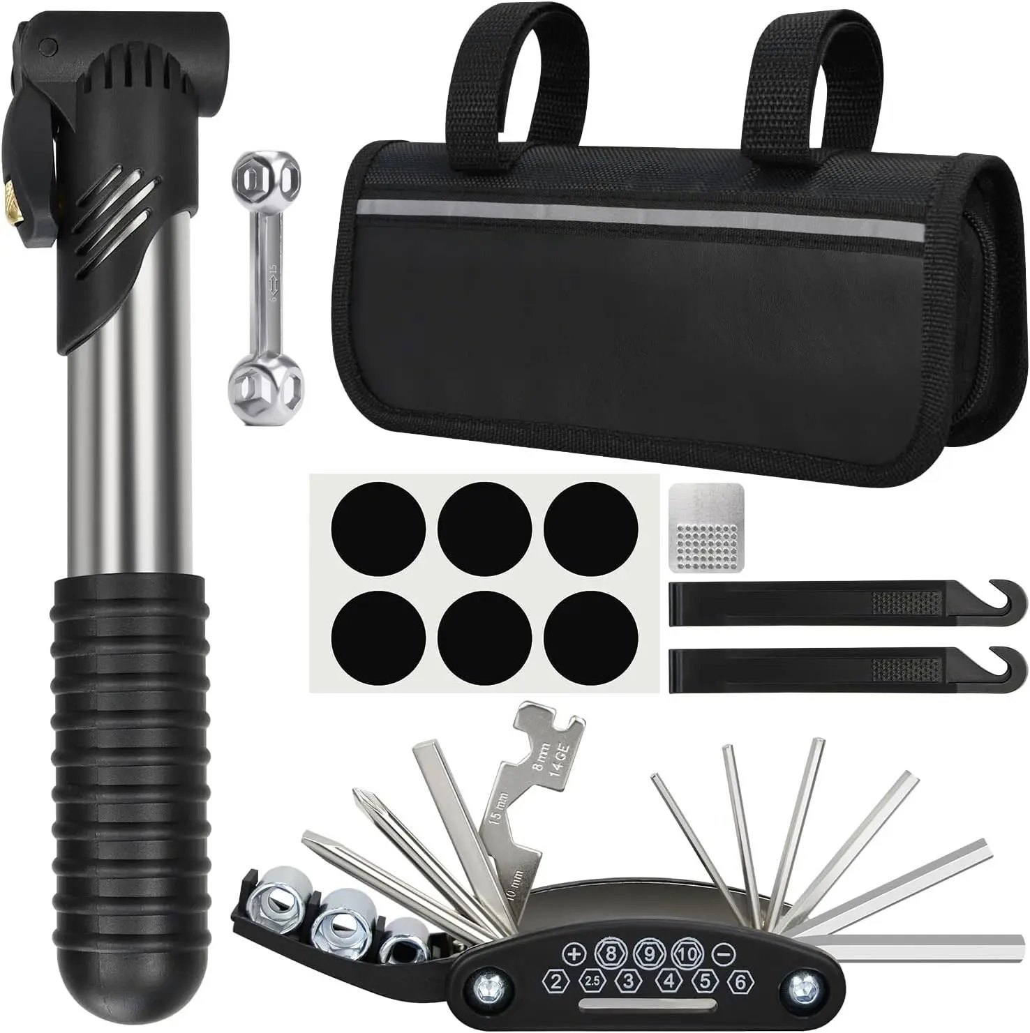 Bicycle repair bag with tire pump, portable tool kit, suitable for camping trips - patch, inflator, maintenance integrated safety kit